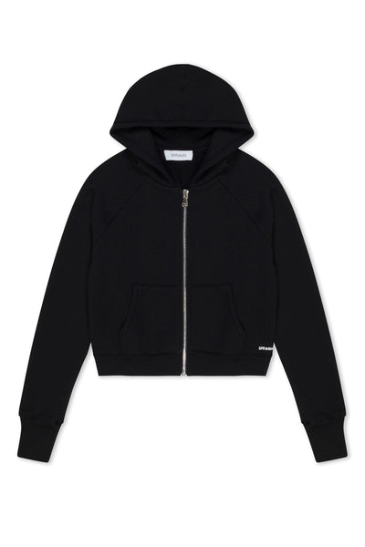 Black Cotton Shrunken Zip Up Hoodie