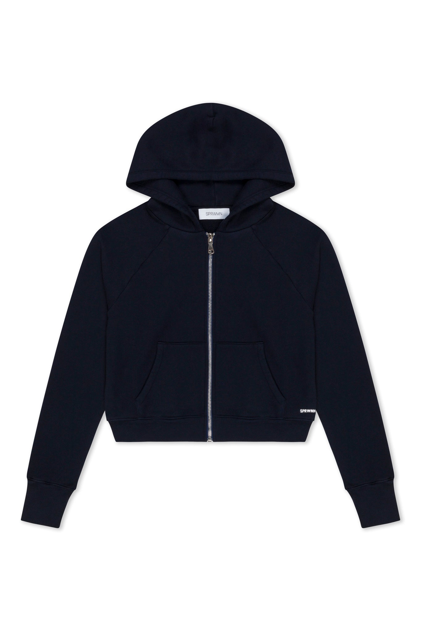 Navy Cotton Shrunken Zip Up Hoodie