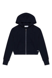 Navy Cotton Shrunken Zip Up Hoodie
