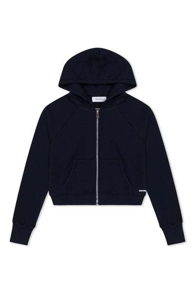 Navy Cotton Shrunken Zip Up Hoodie