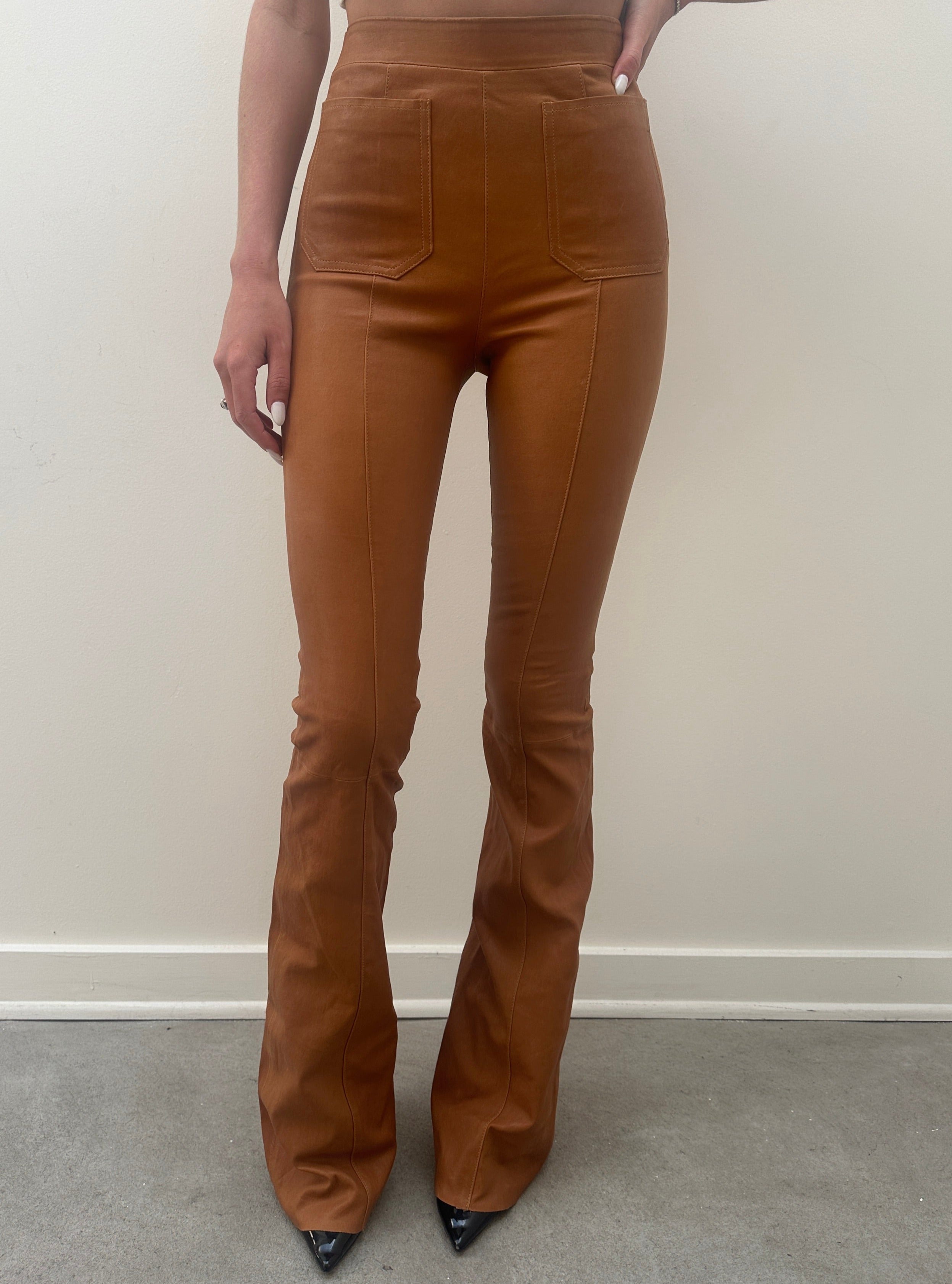 Camel Leather Patch Pocket Super Flare Pants