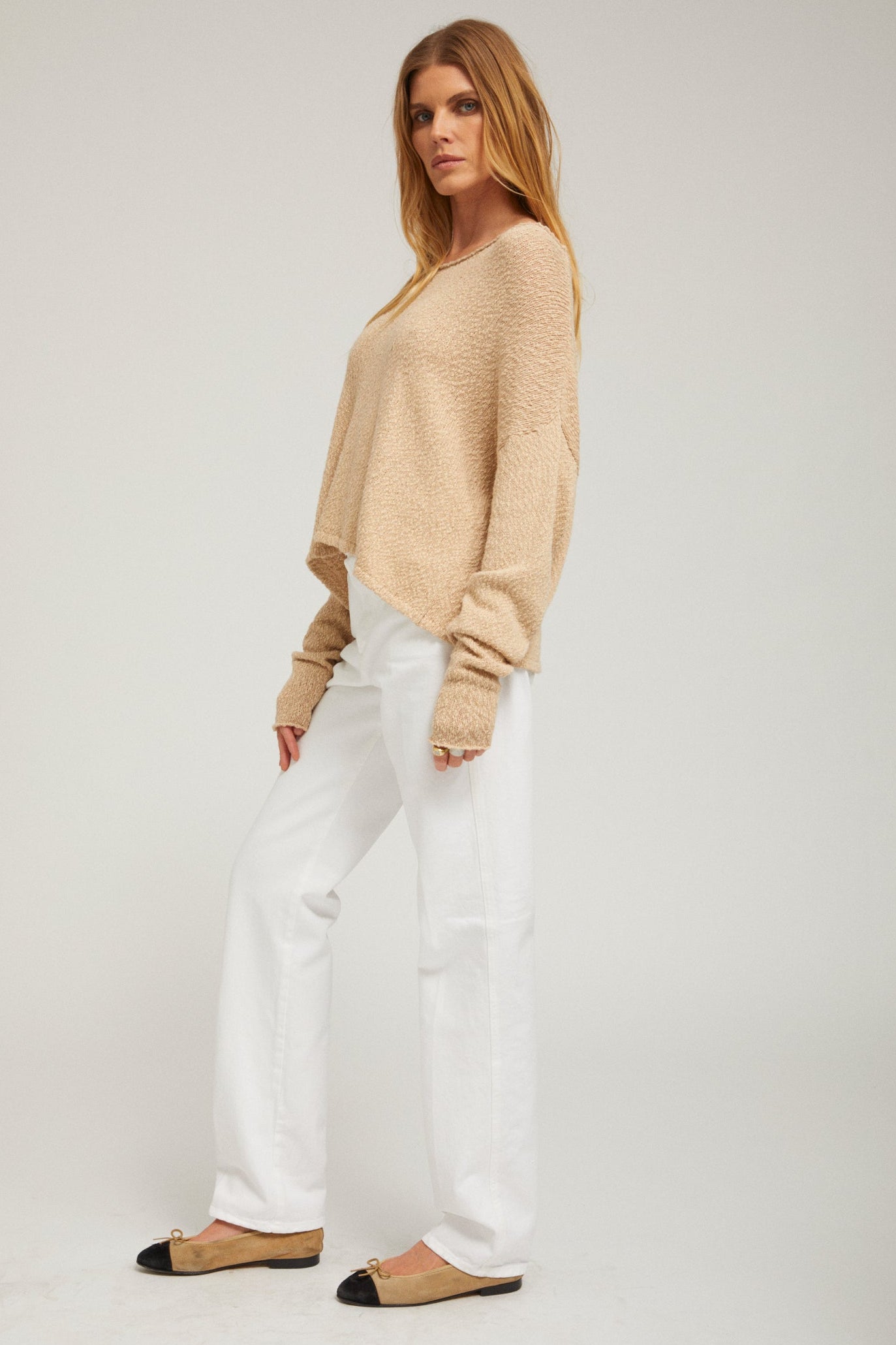 Cotton Bouclé Off Shoulder Sweater