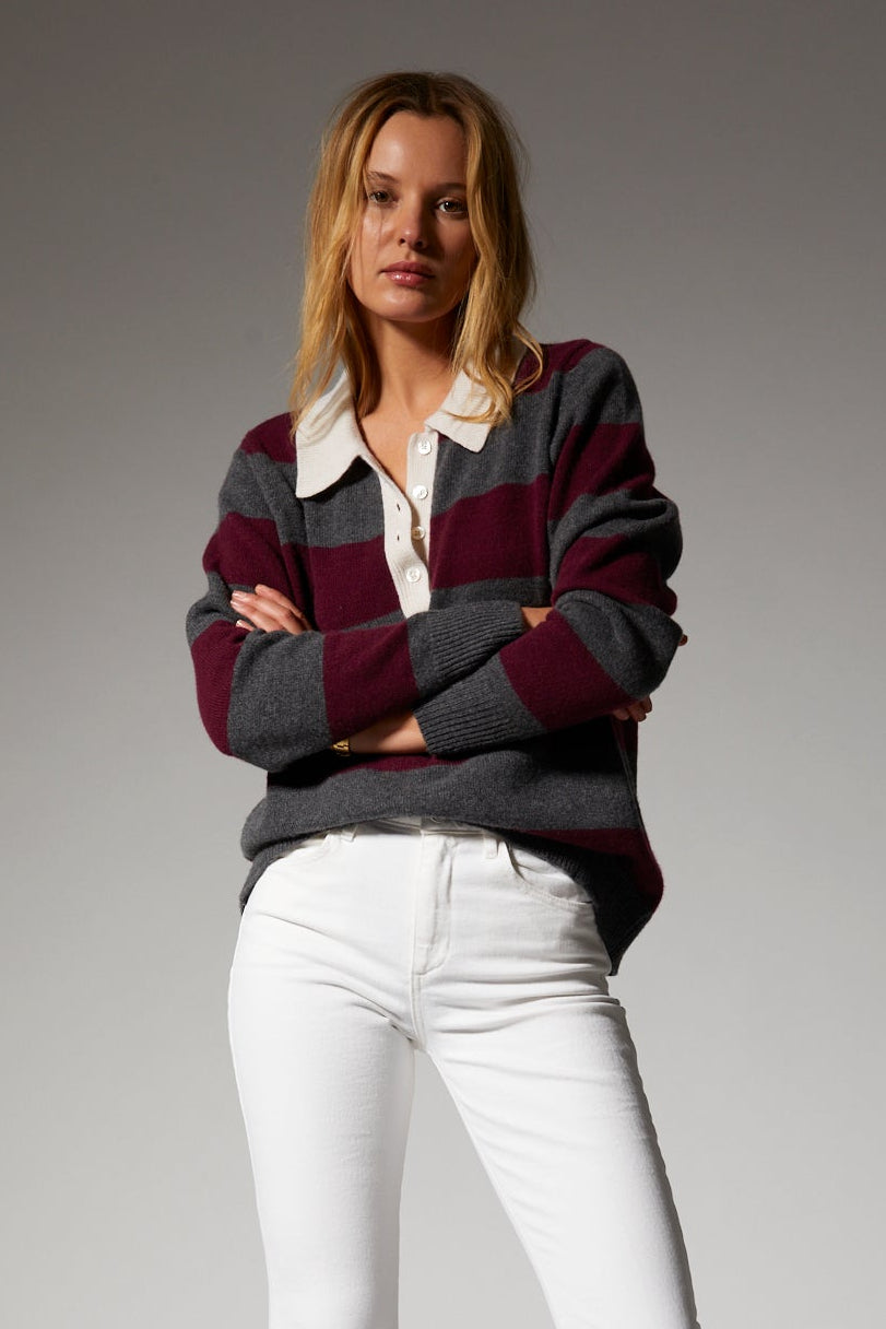 Wine Striped Cashmere Polo Sweater