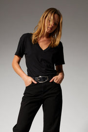 Black Cotton V-Neck Tee