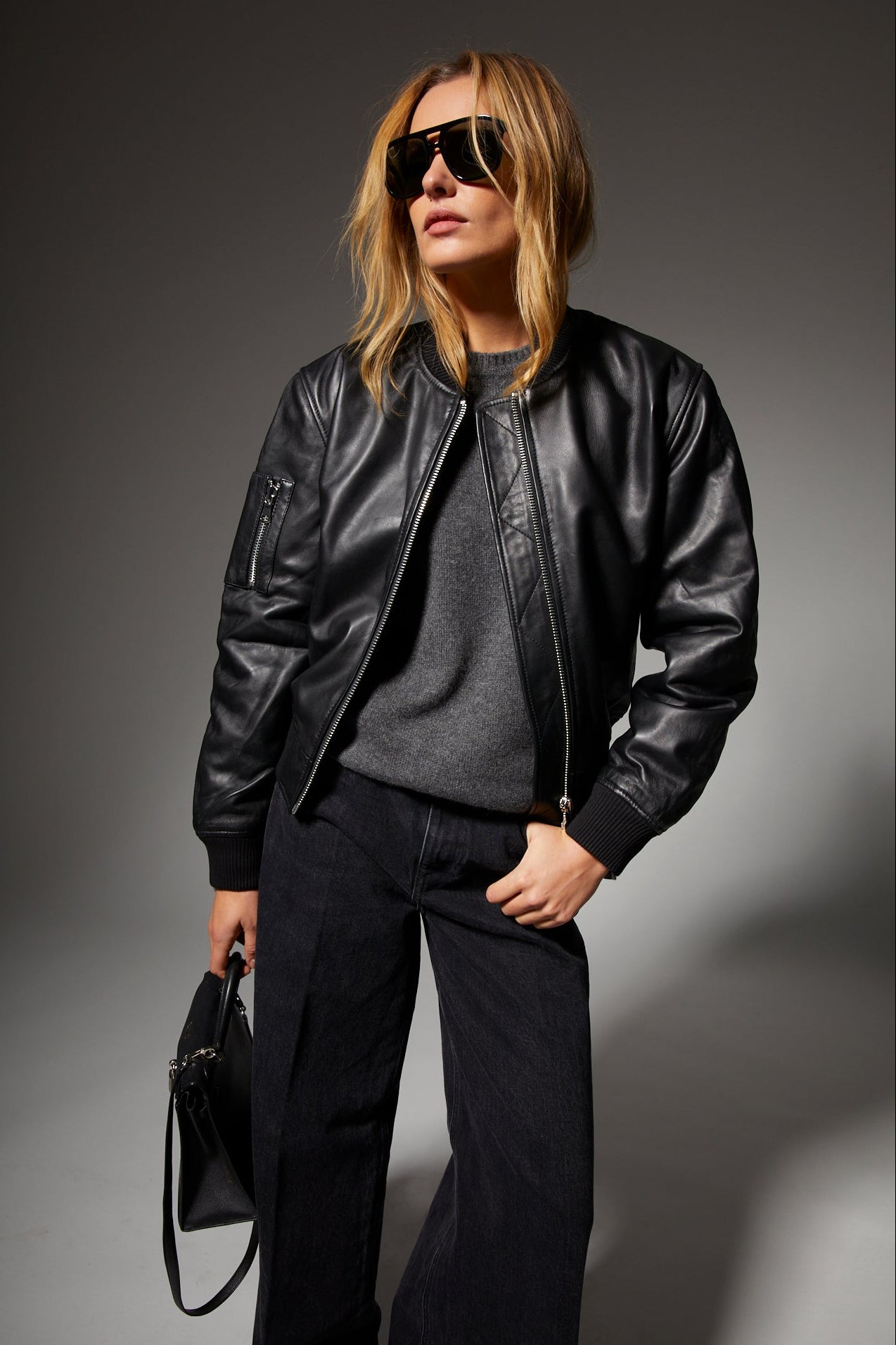 Black Leather Classic Bomber