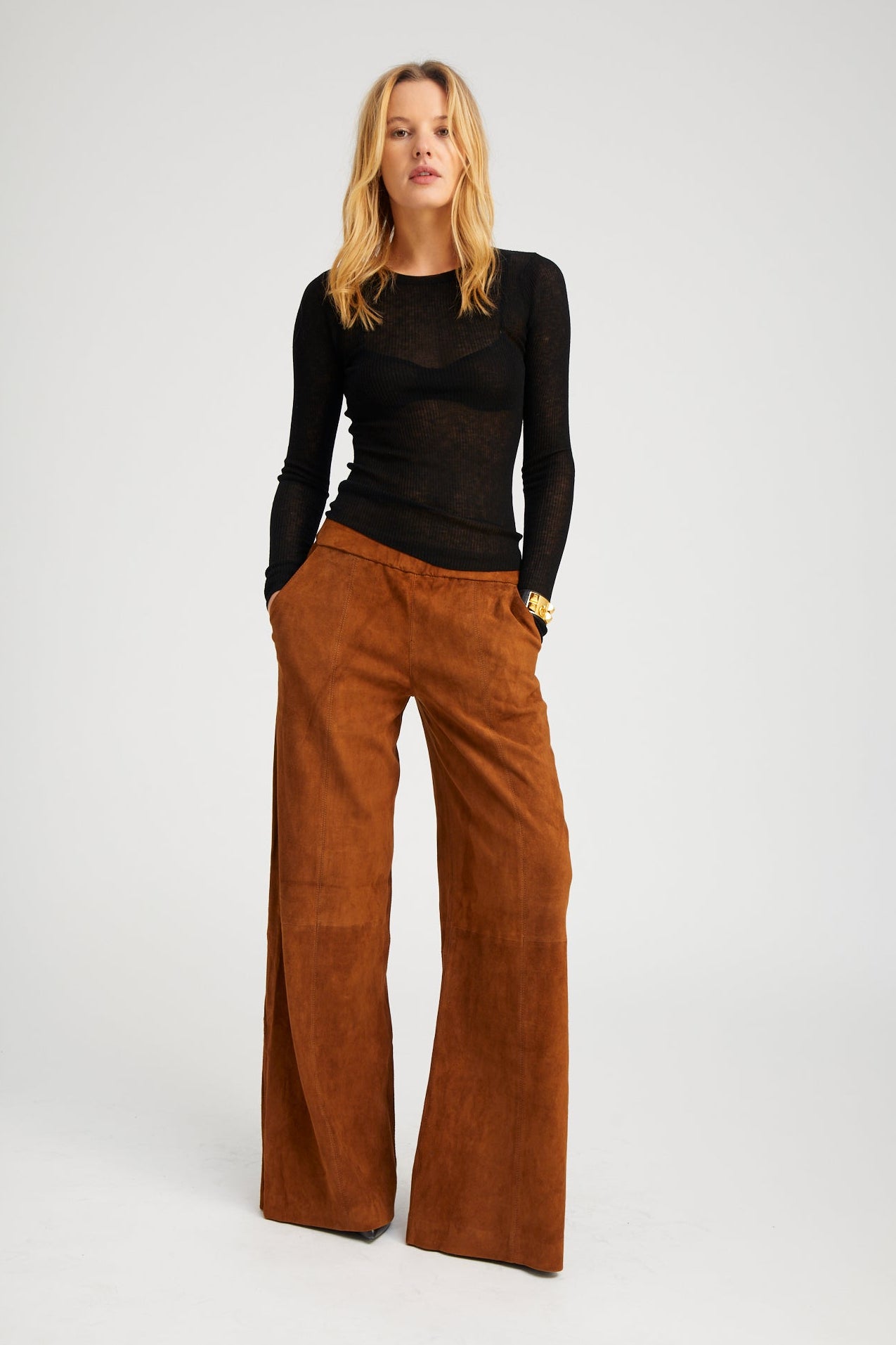 Dark Cognac Suede Wide Leg Trousers
