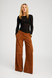 Dark Cognac Suede Wide Leg Trousers