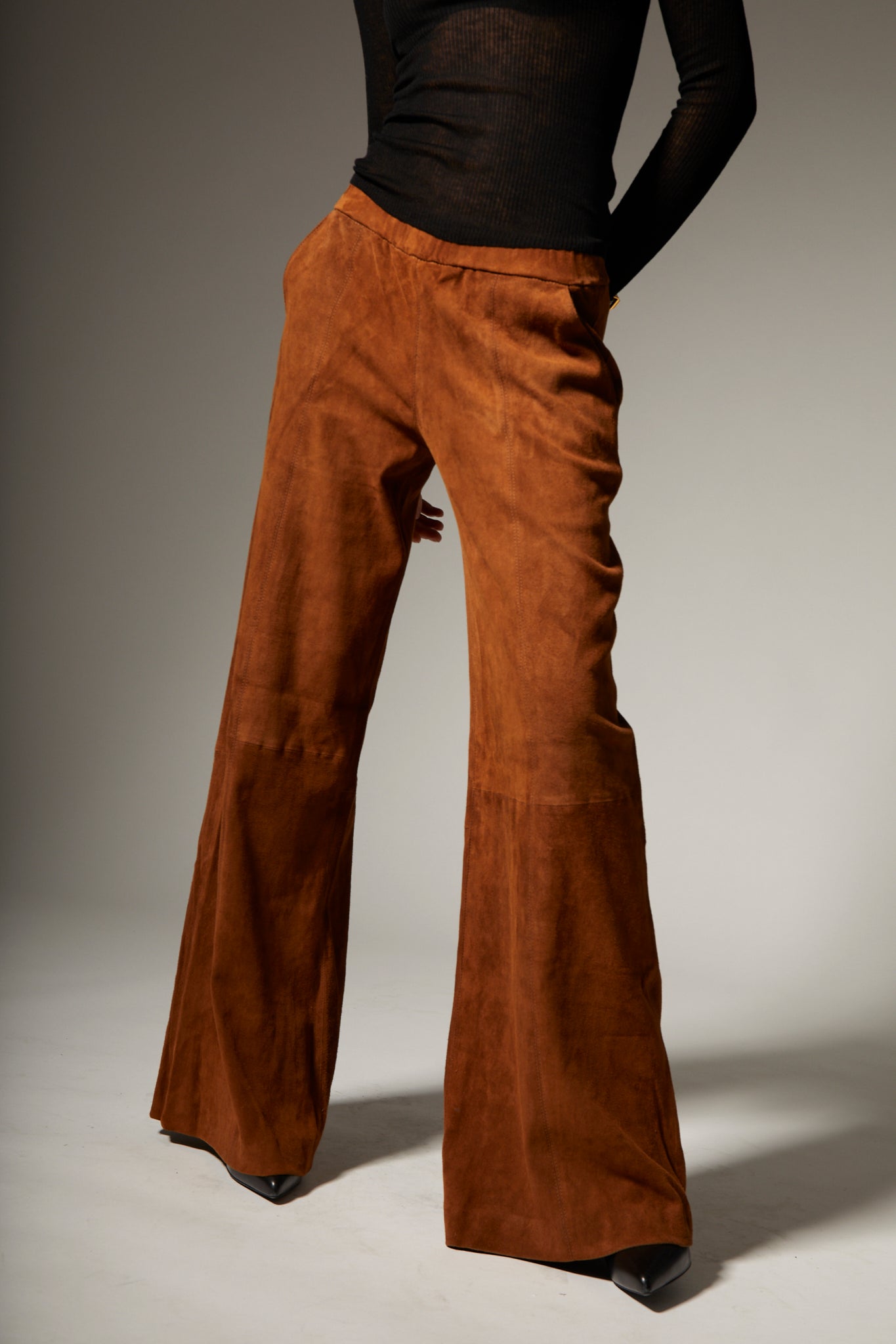 Dark Cognac Suede Wide Leg Trousers