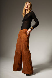 Dark Cognac Suede Wide Leg Trousers