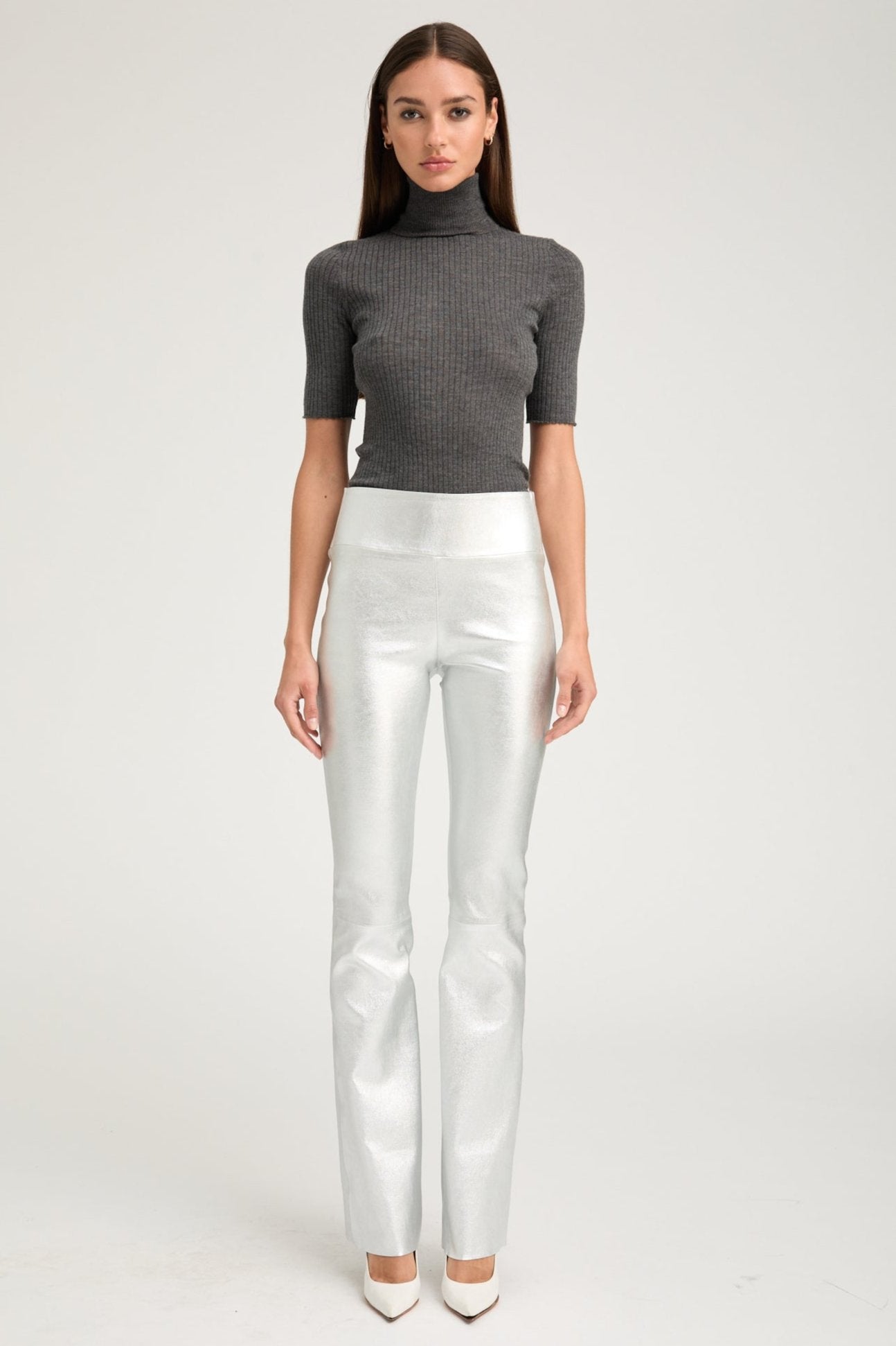 Metallic Silver Leather Micro Flare