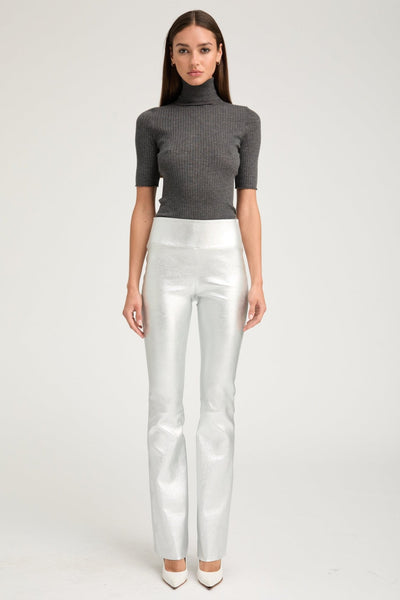 Metallic Silver Leather Micro Flare