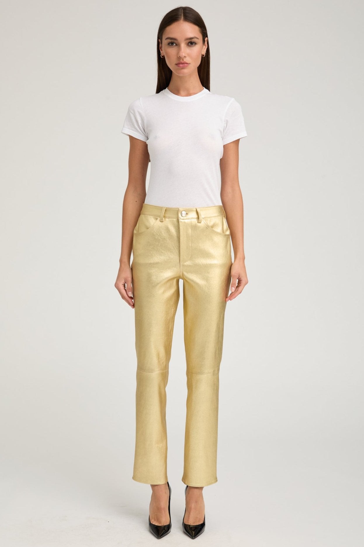 Metallic Gold Leather 5 Pocket Ankle Slim Straight