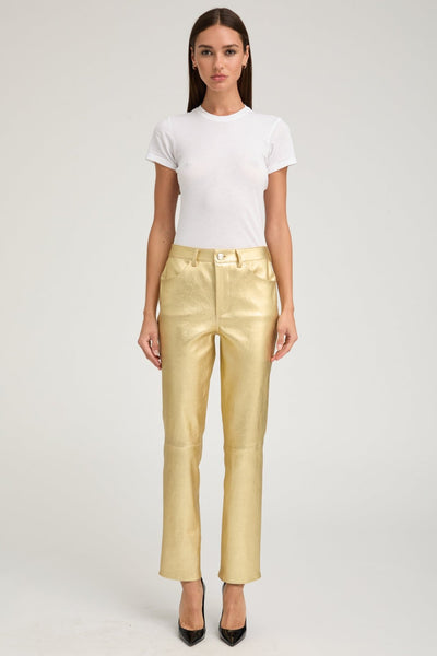 Metallic Gold Leather 5 Pocket Ankle Slim Straight
