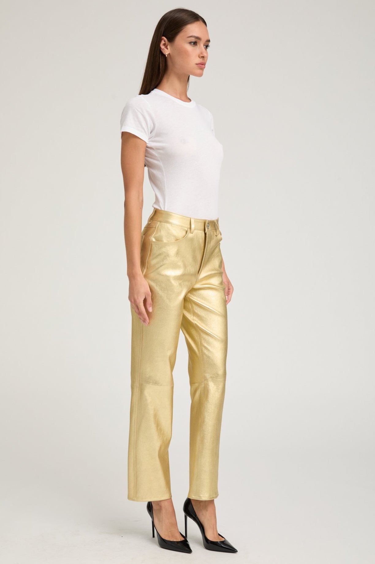 Metallic Gold Leather 5 Pocket Ankle Slim Straight
