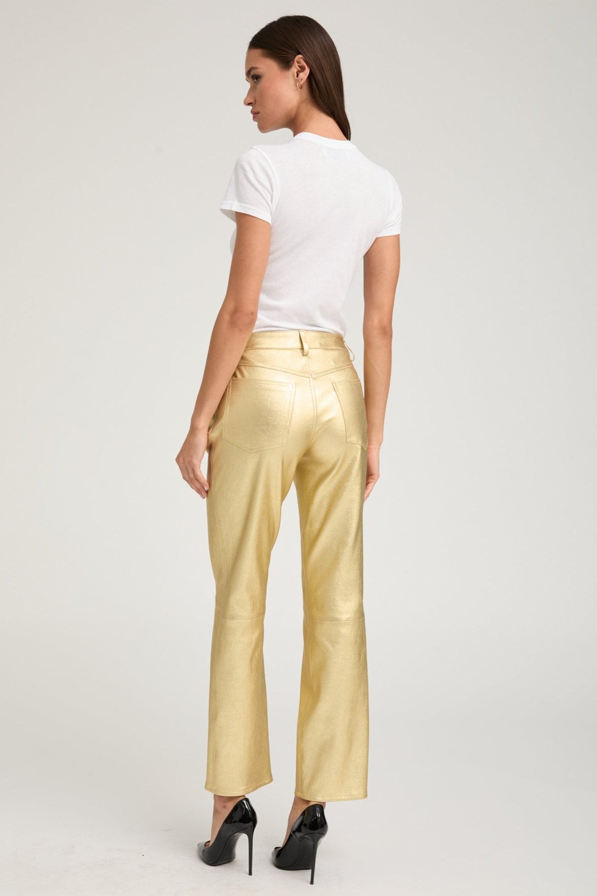 Metallic Gold Leather 5 Pocket Ankle Slim Straight