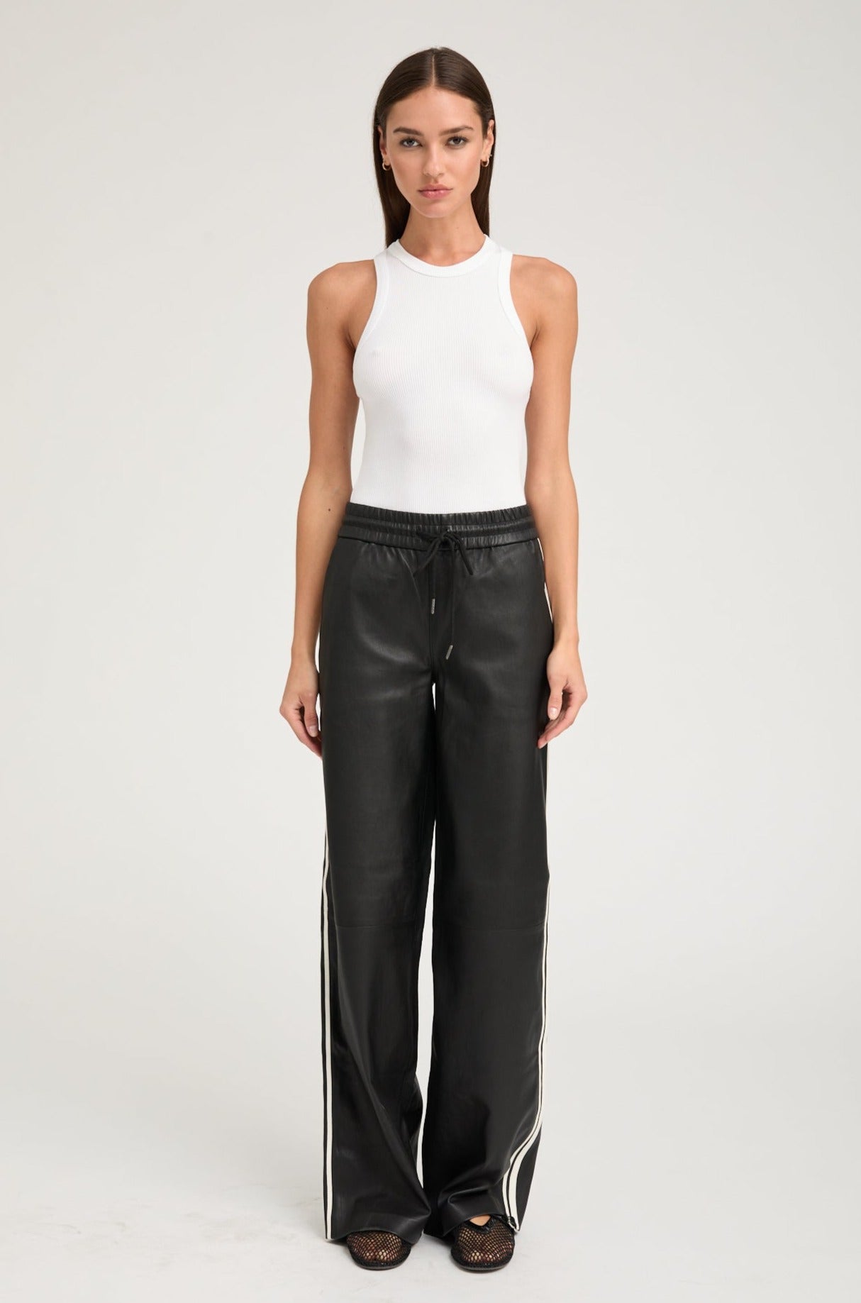 Black Leather Athletic Drawstring Pants