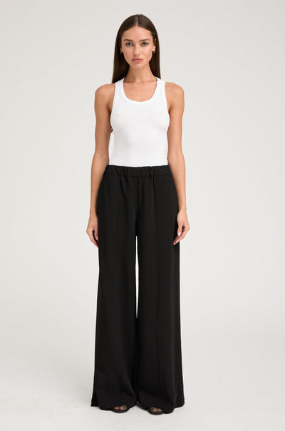 Black Crepe Wide Leg Pintuck Trousers