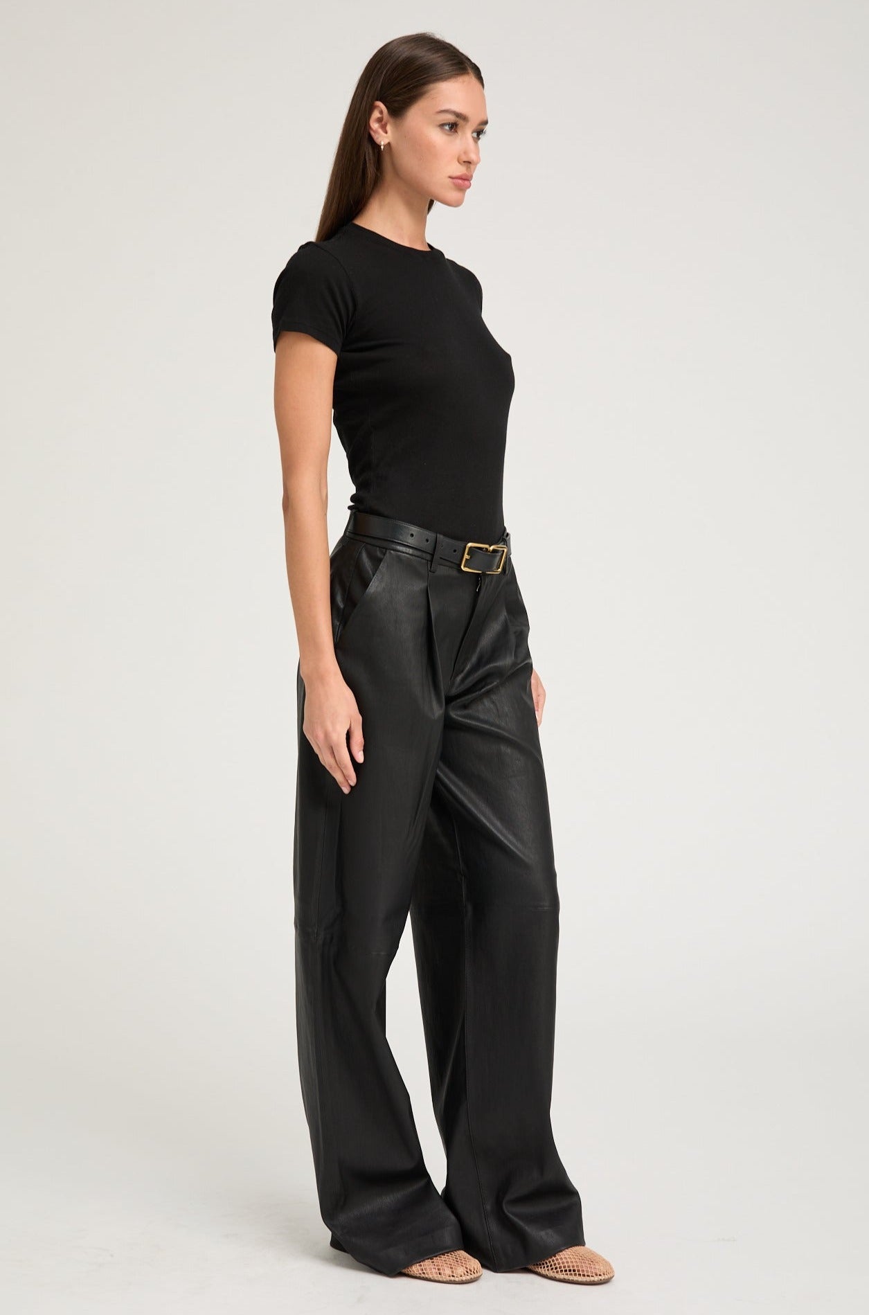 Black Leather Pleated Trousers