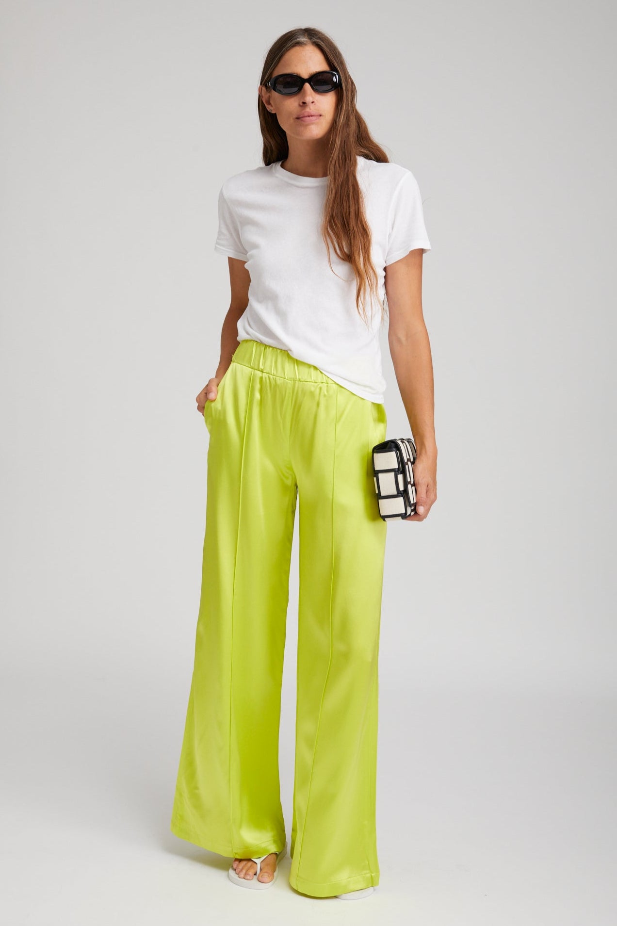 Electric Chartreuse Silk Wide Leg Pintuck Pants