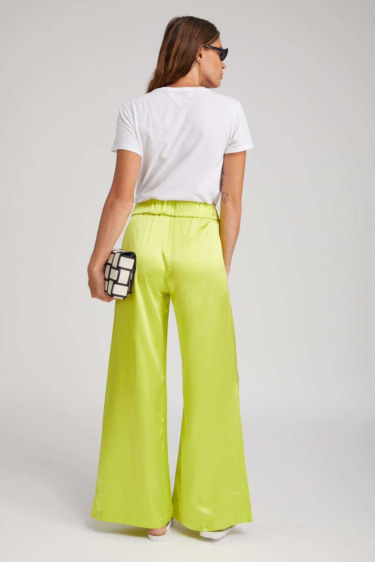 Electric Chartreuse Silk Wide Leg Pintuck Pants