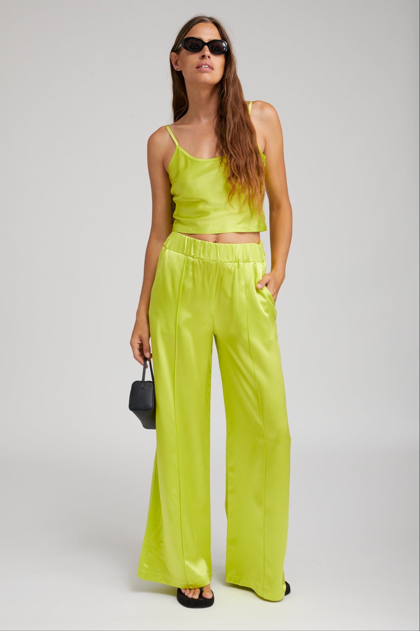 Electric Chartreuse Silk Wide Leg Pintuck Pants