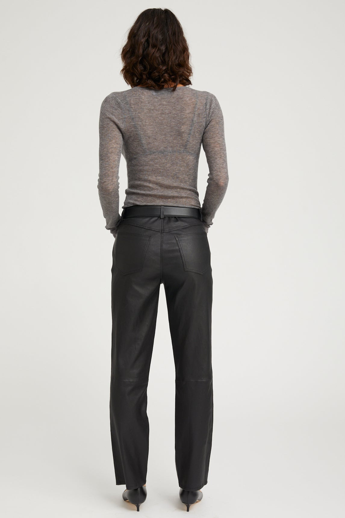 Black Leather 5 Pocket Ankle Slim Straight