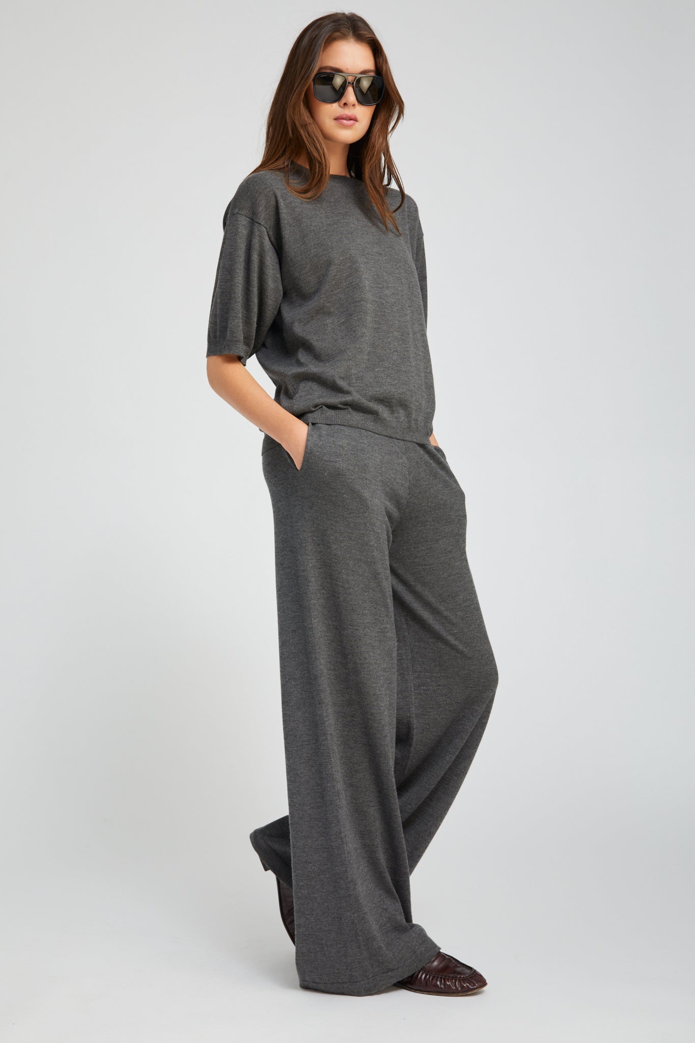 Charcoal Cashmere Wide Leg Pants
