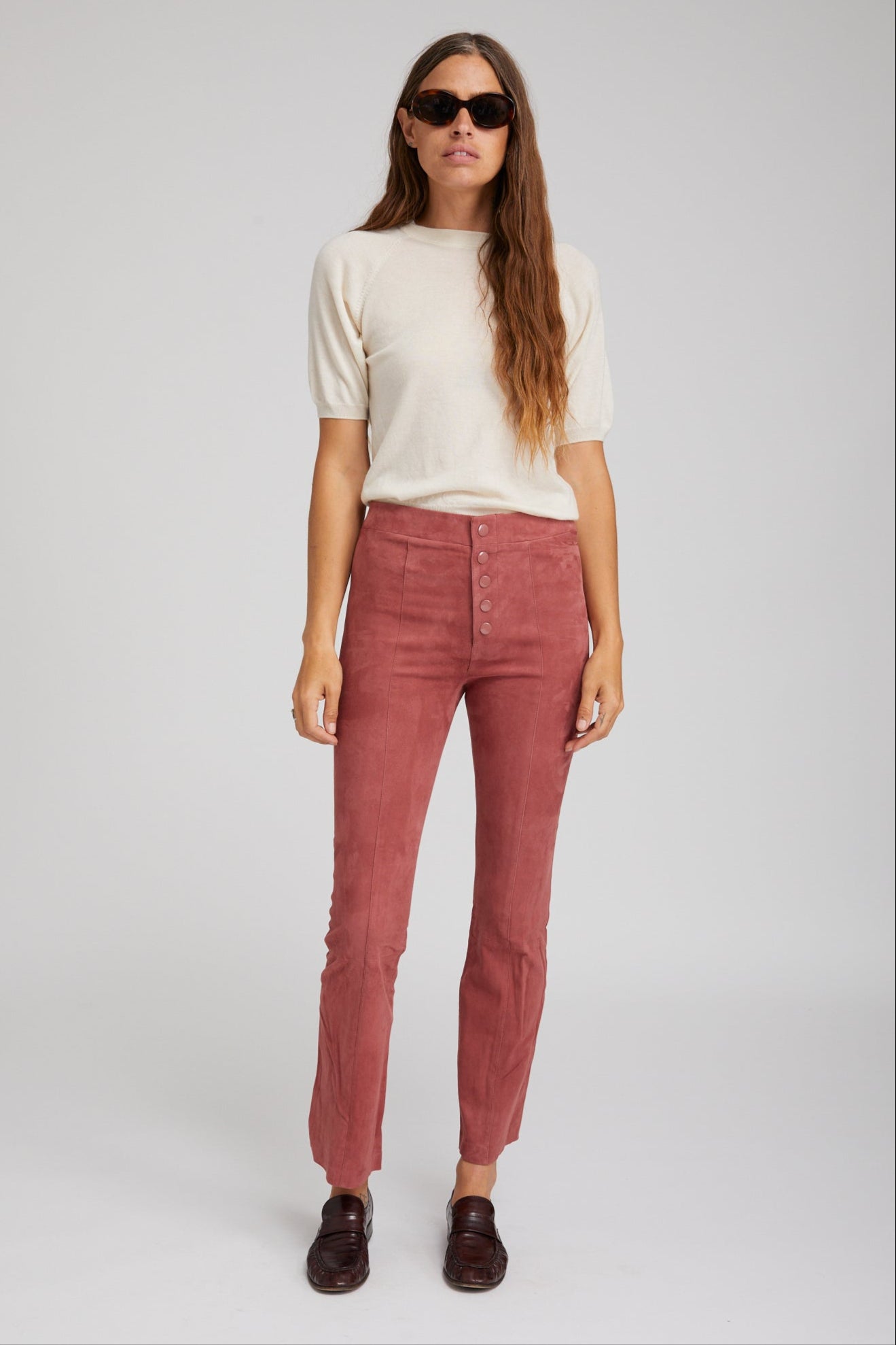 Suede Front Snap Ankle Flare Leggings