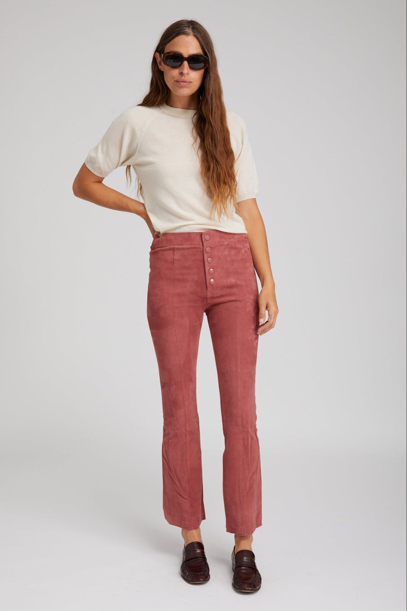 Suede Front Snap Ankle Flare Leggings
