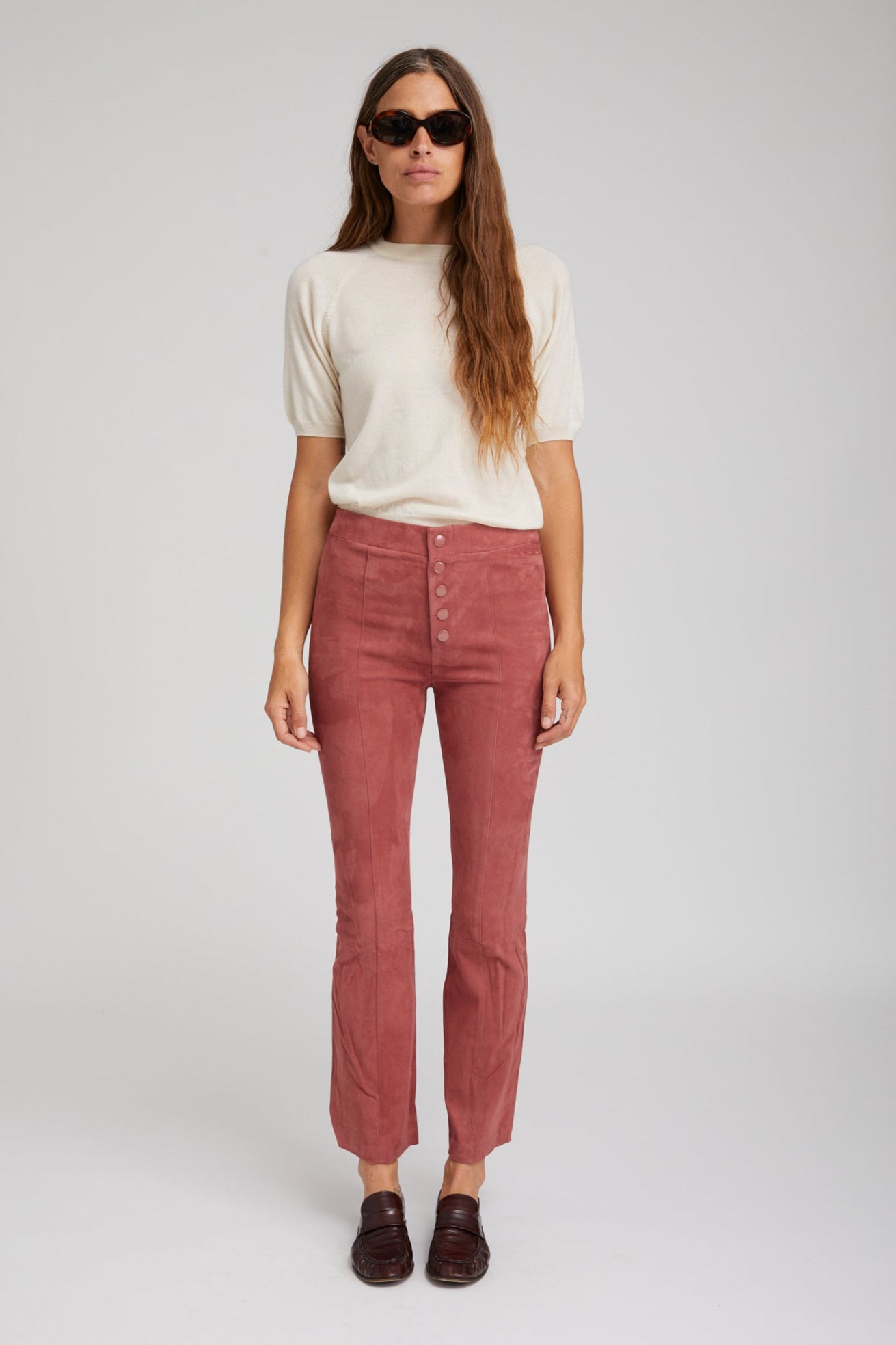 Suede Front Snap Ankle Flare Leggings