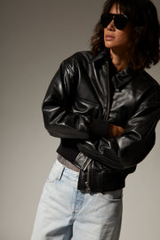 Black Leather Cropped Aviator Bomber