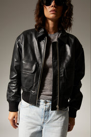 Black Leather Cropped Aviator Bomber