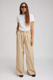 Beige Cotton Poplin Pleated Trousers