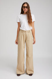 Beige Cotton Poplin Pleated Trousers