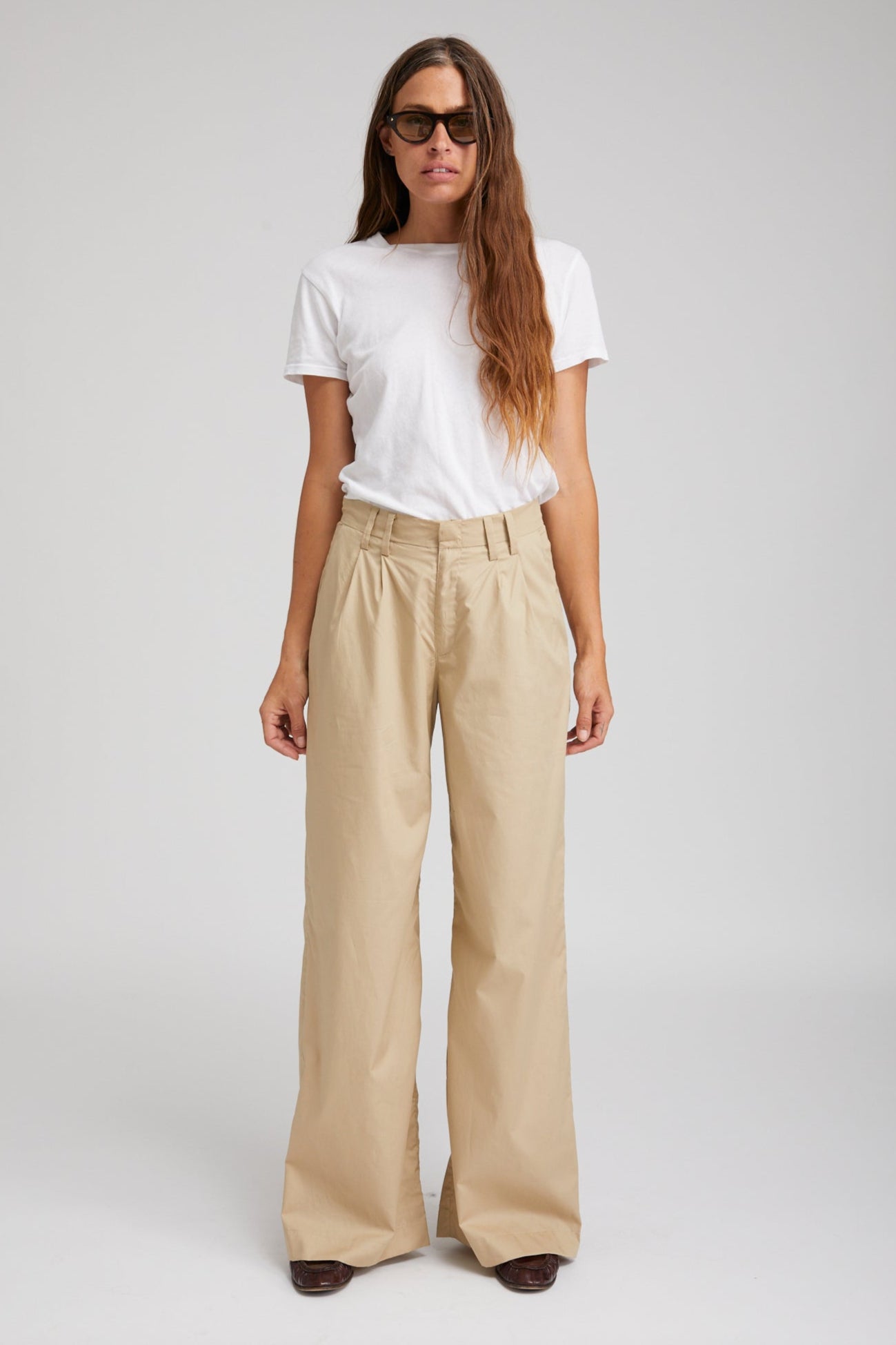 Beige Cotton Poplin Pleated Trousers