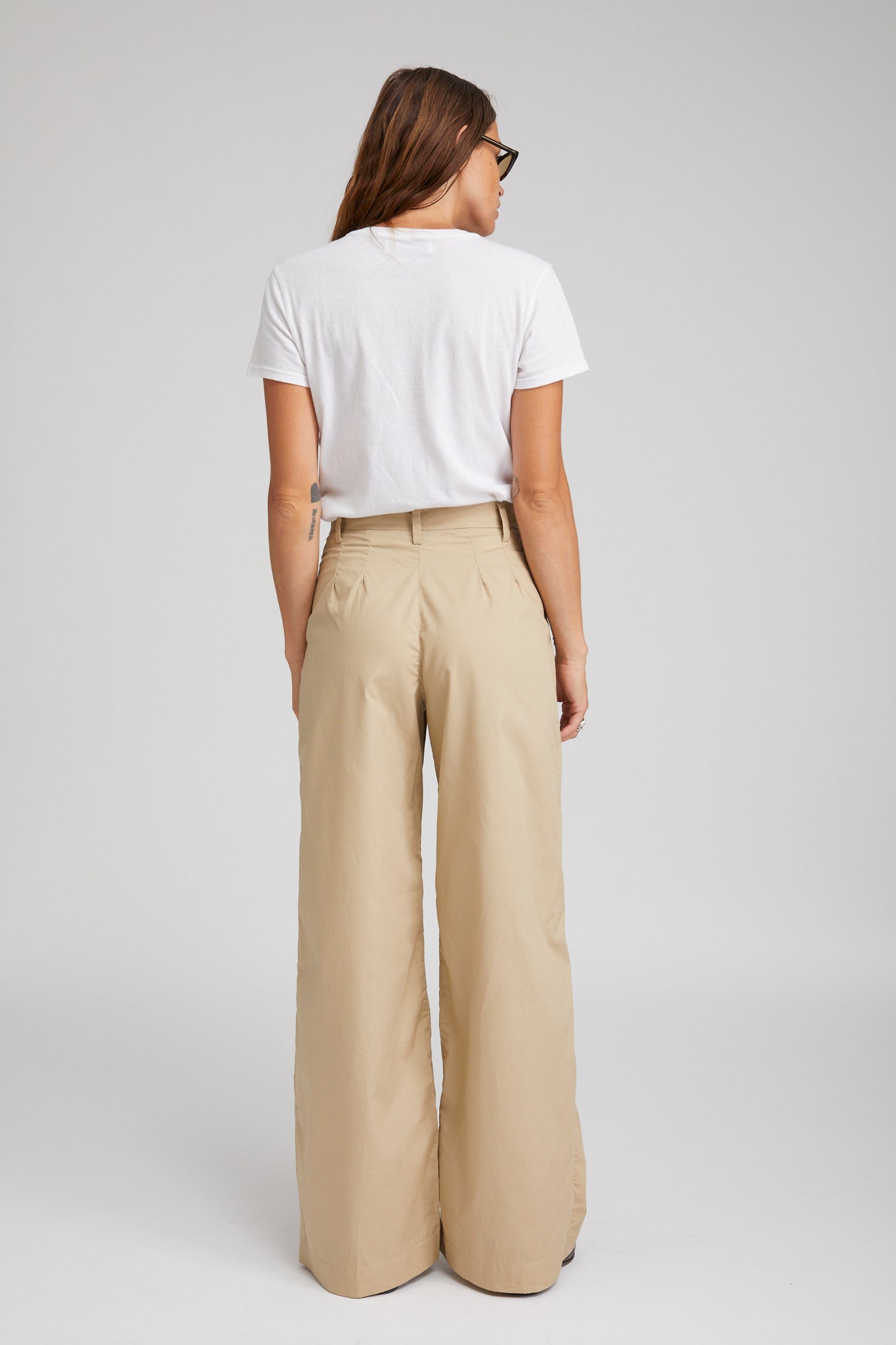 Beige Cotton Poplin Pleated Trousers