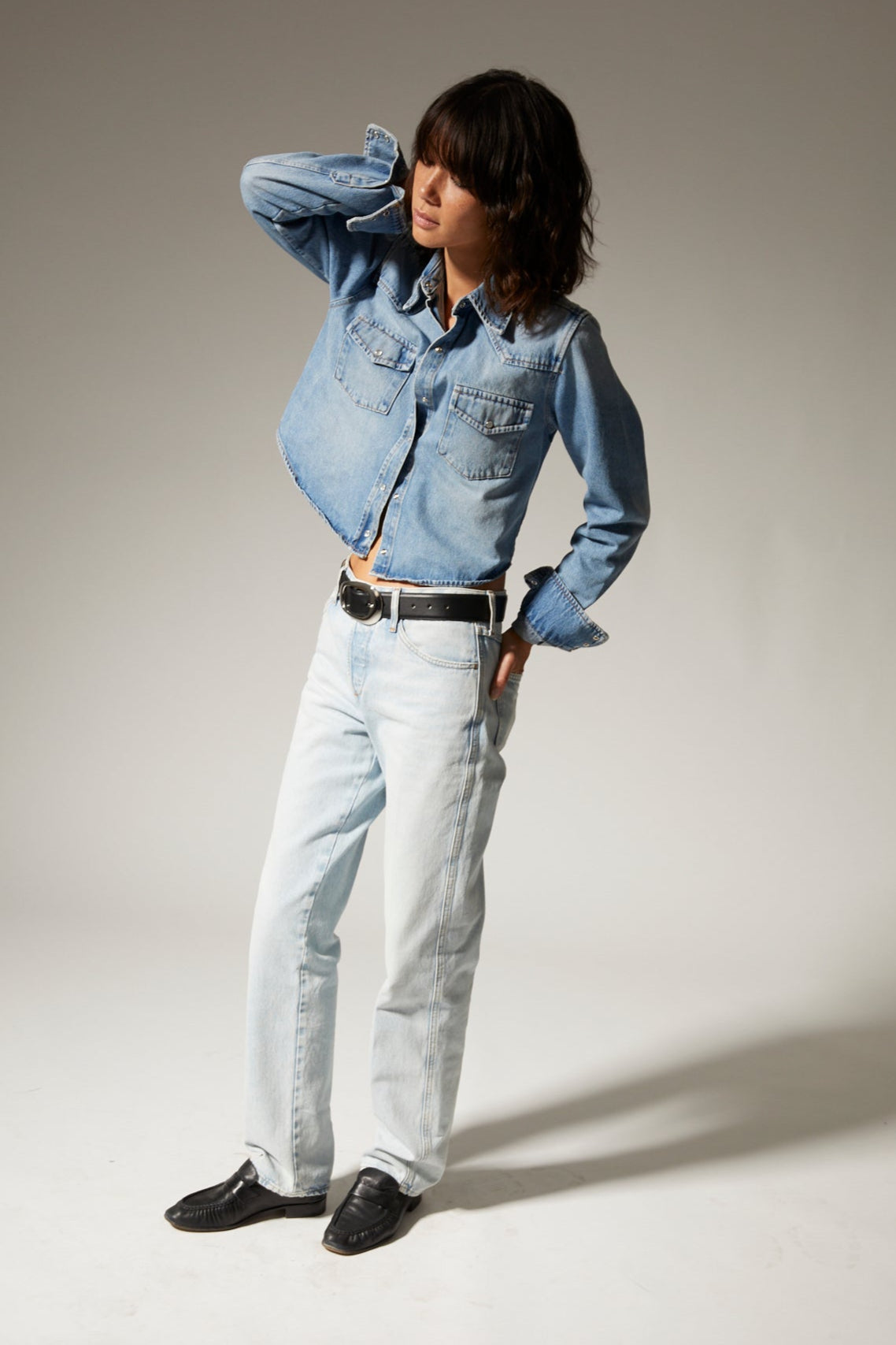 Paradis Denim Cropped Western Button Down