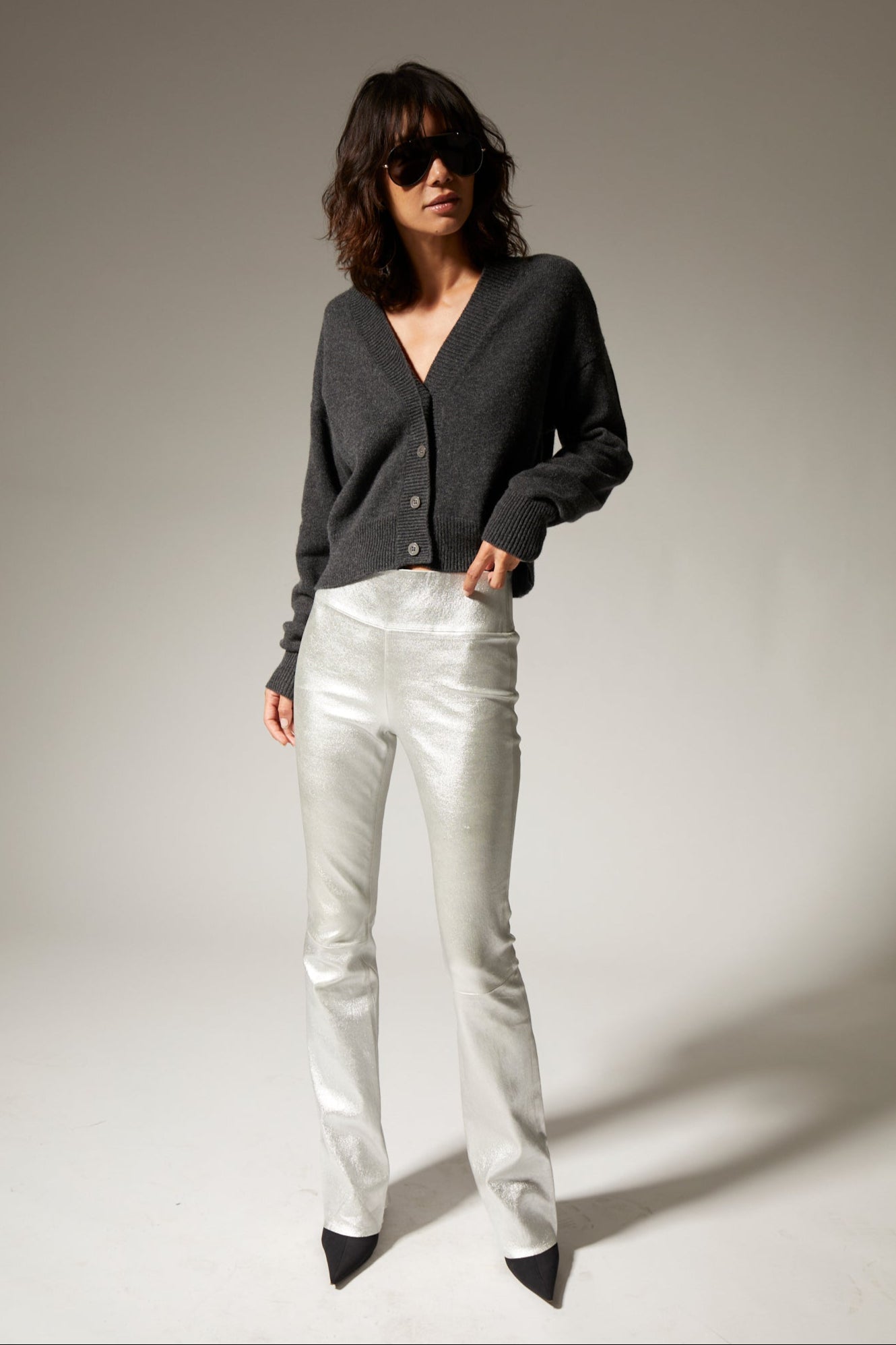 Metallic Silver Leather Micro Flare