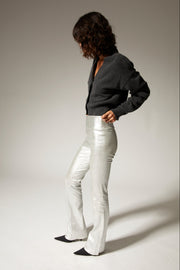 Metallic Silver Leather Micro Flare