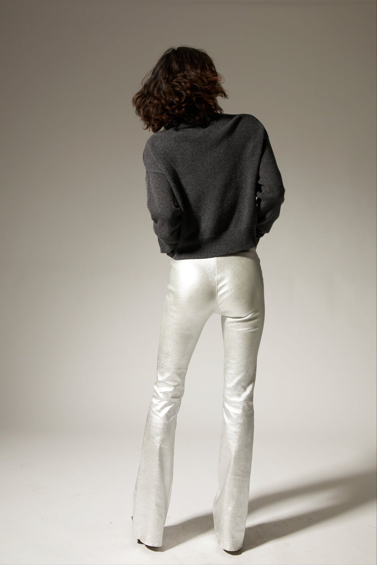 Metallic Silver Leather Micro Flare