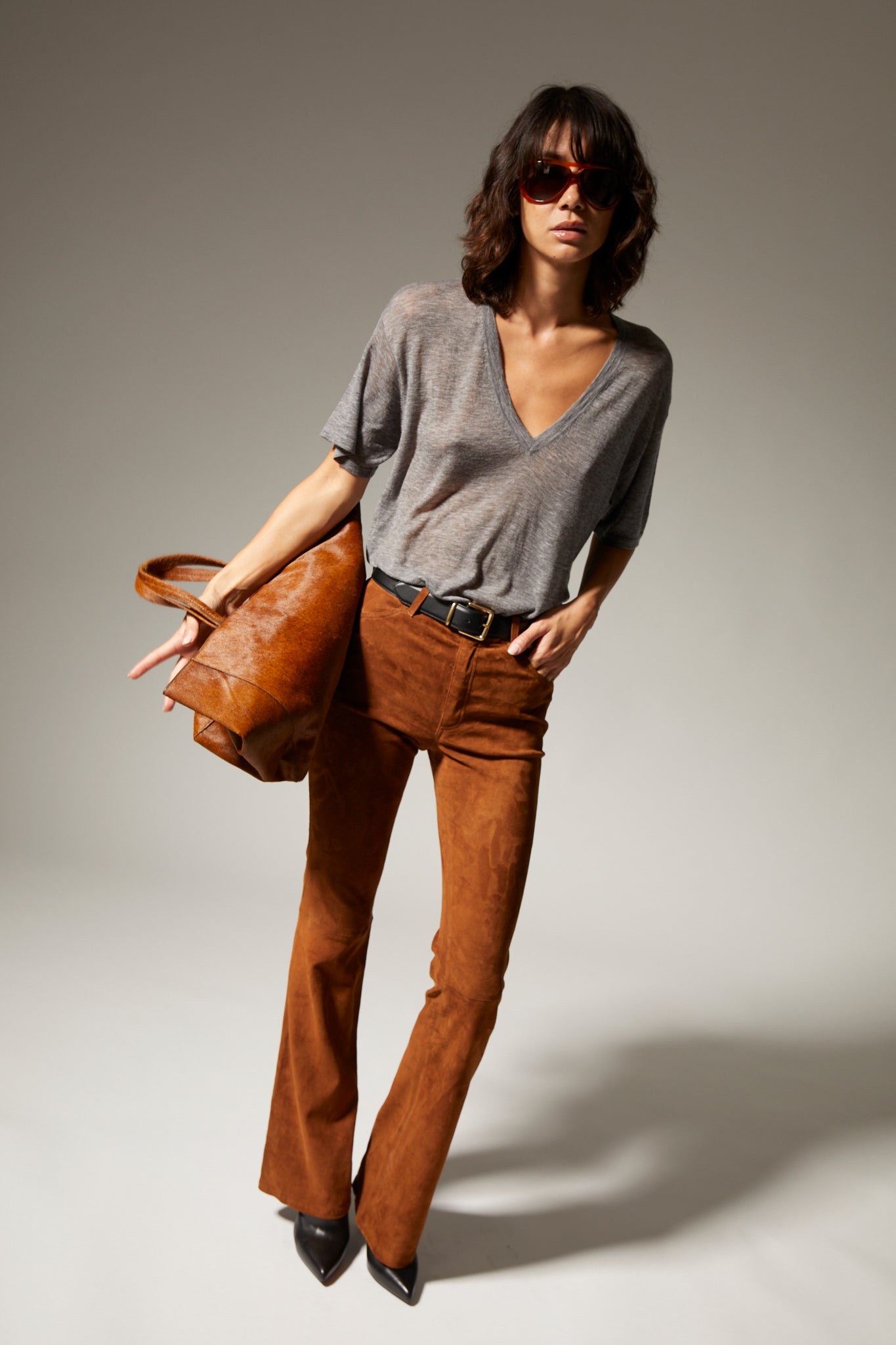 Grey Tissue Cashmere V-Neck Tee