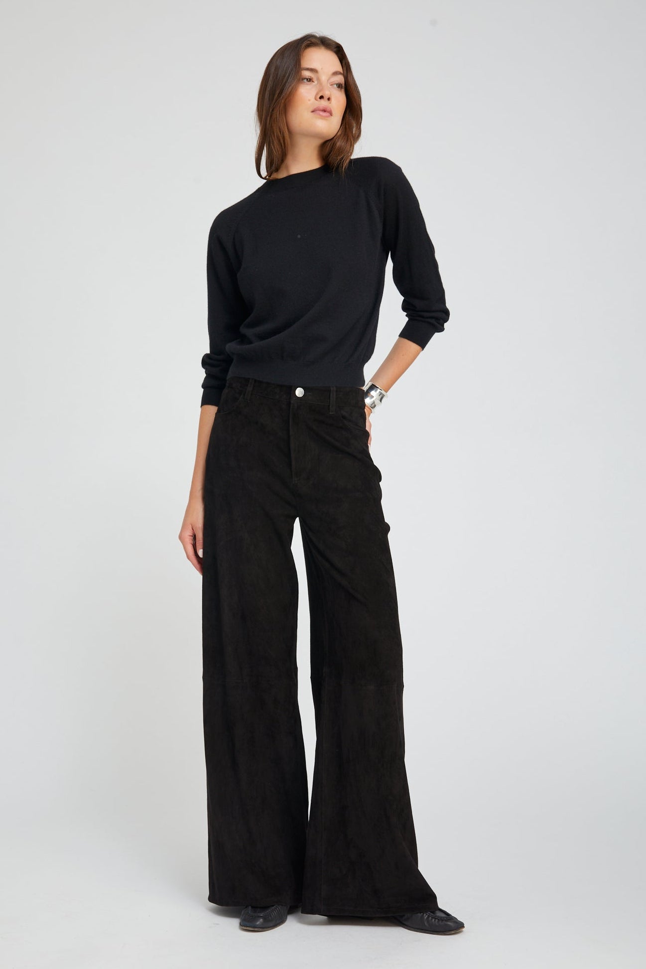 Black Suede 5 Pocket Wide Leg