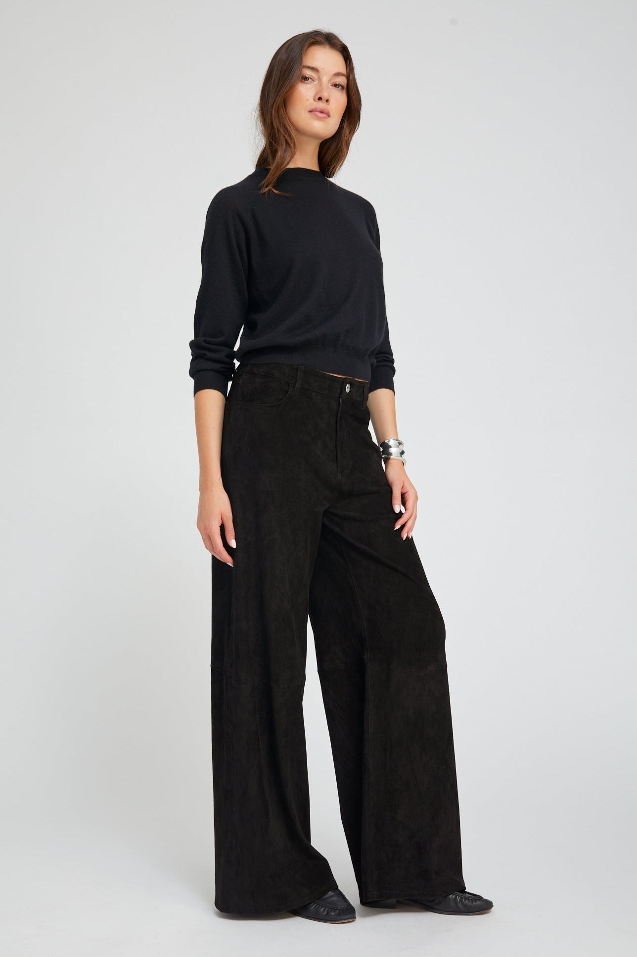 Black Suede 5 Pocket Wide Leg