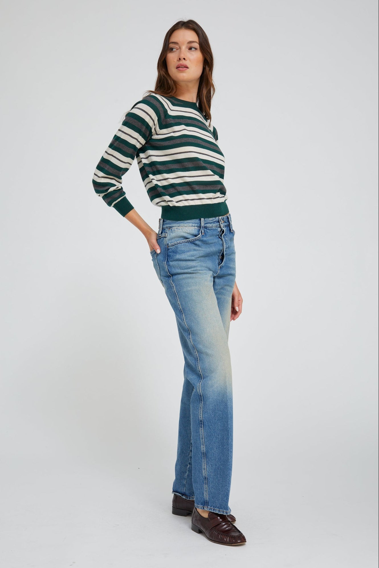 Green Striped Cashmere Raglan Sweater