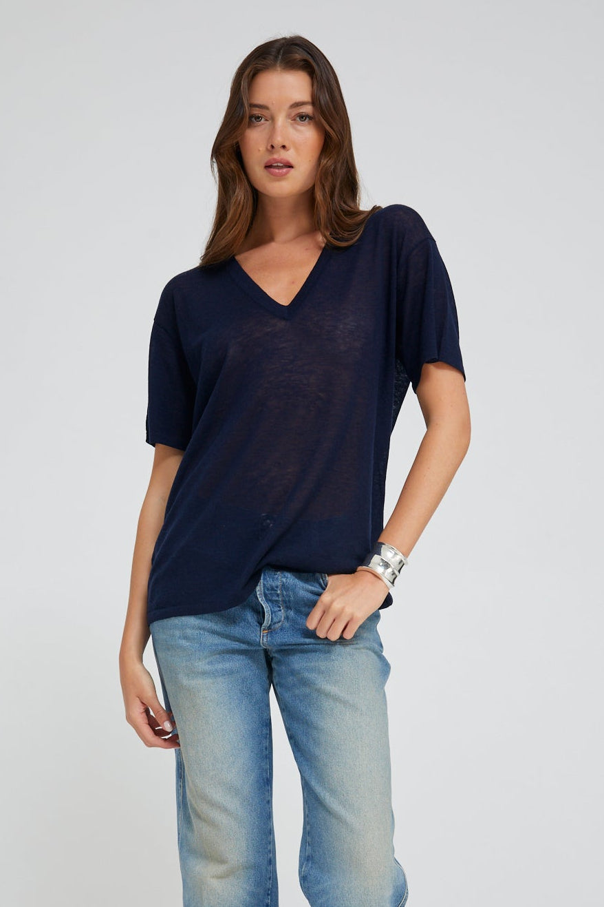 Navy Tissue Cashmere V-Neck Tee