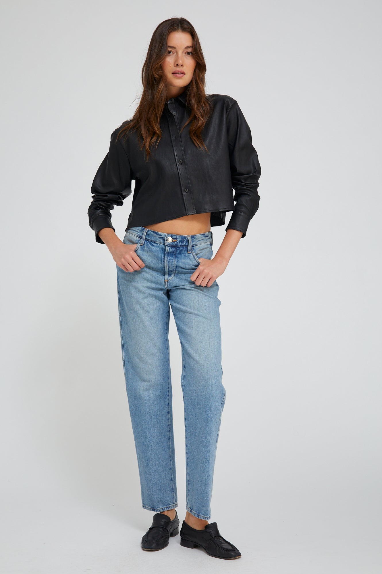 Black Leather Cropped Button Down