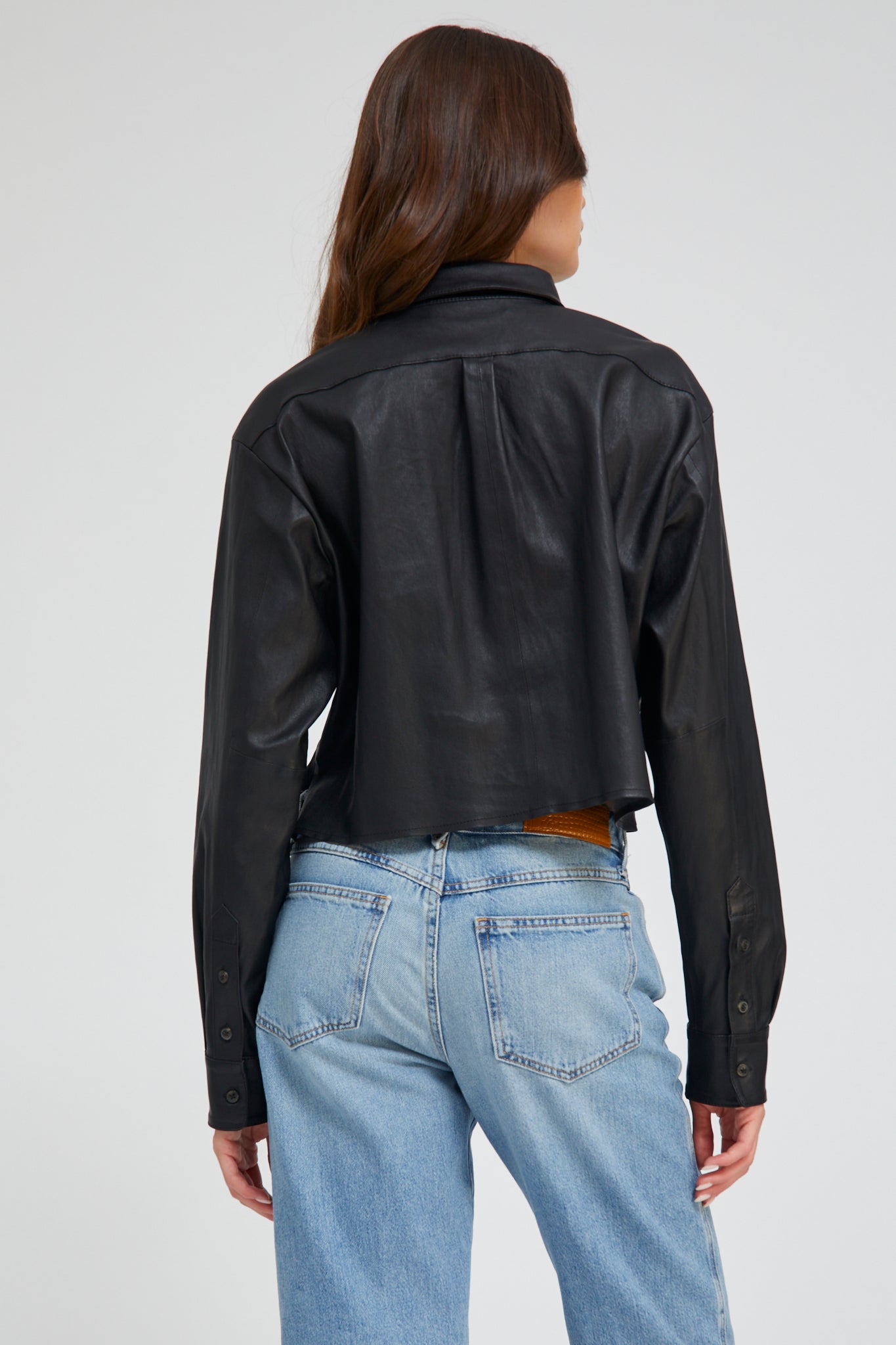 Black Leather Cropped Button Down