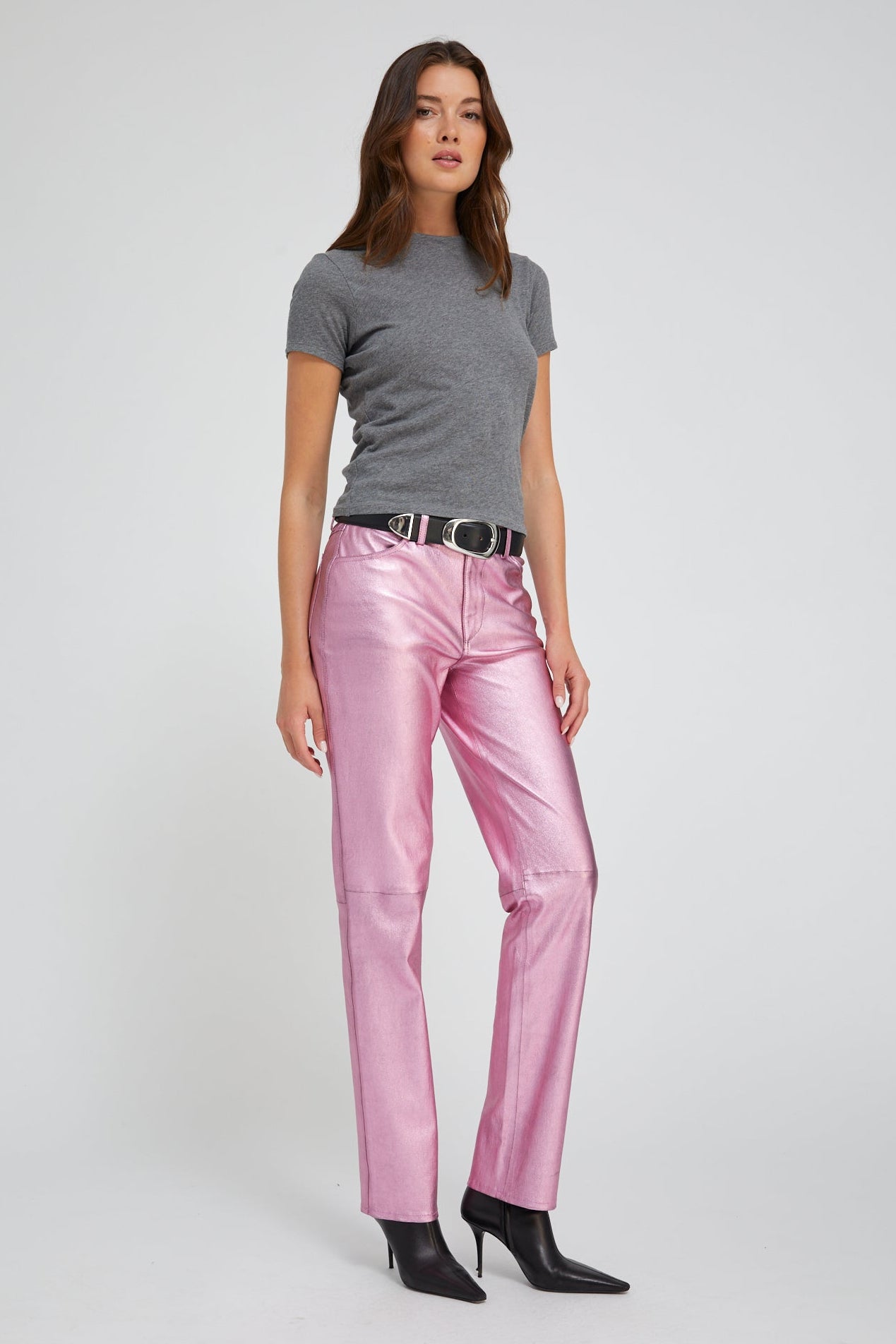 Metallic Pink Leather 5 Pocket Slim Straight