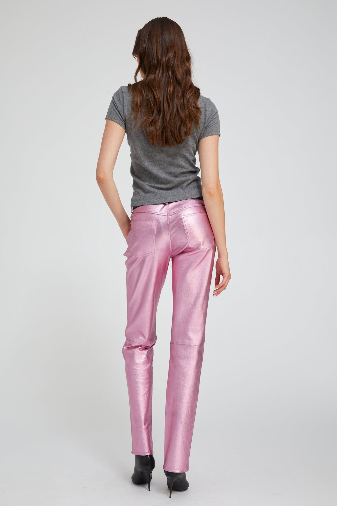 Metallic Pink Leather 5 Pocket Slim Straight