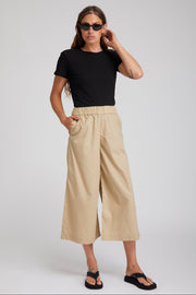 Beige Cotton Poplin Culotte Pants